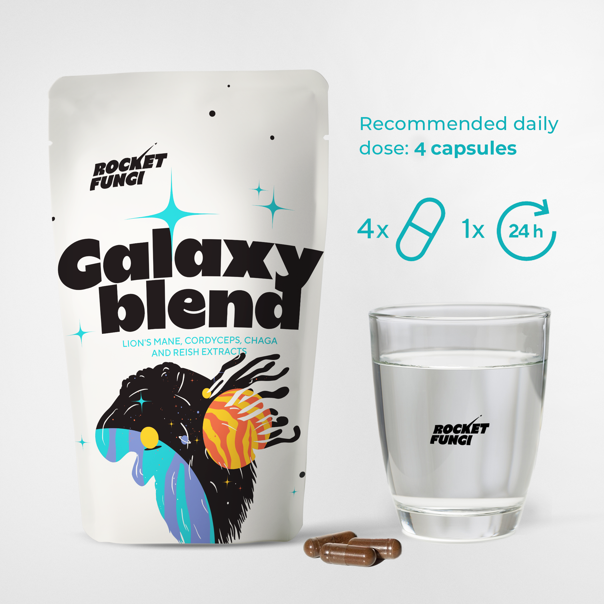 All-in-one daily mushroom stack for immune support and cognitive focus 4 capsules glass