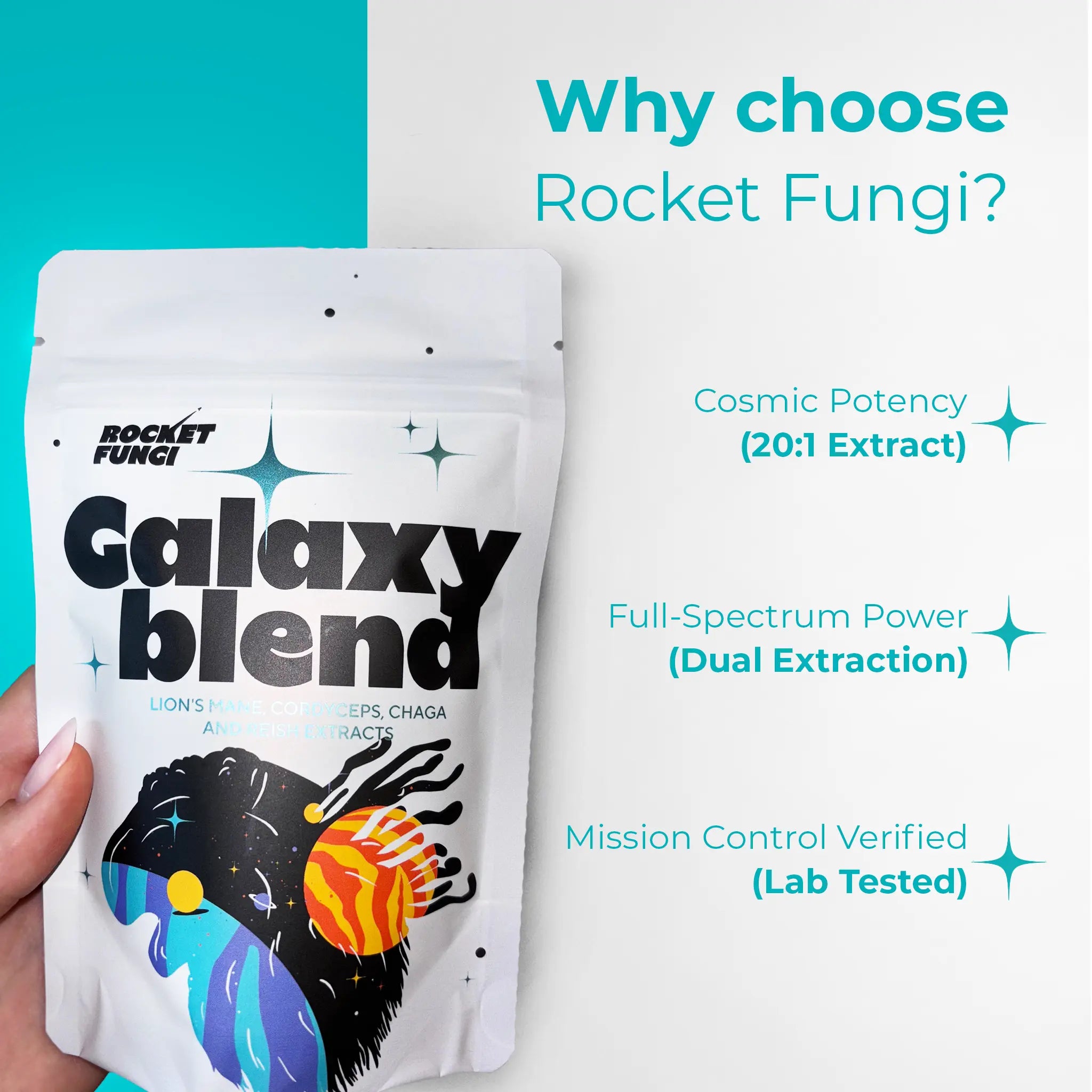 Premium 4-mushroom blend in travel-friendly resealable packaging